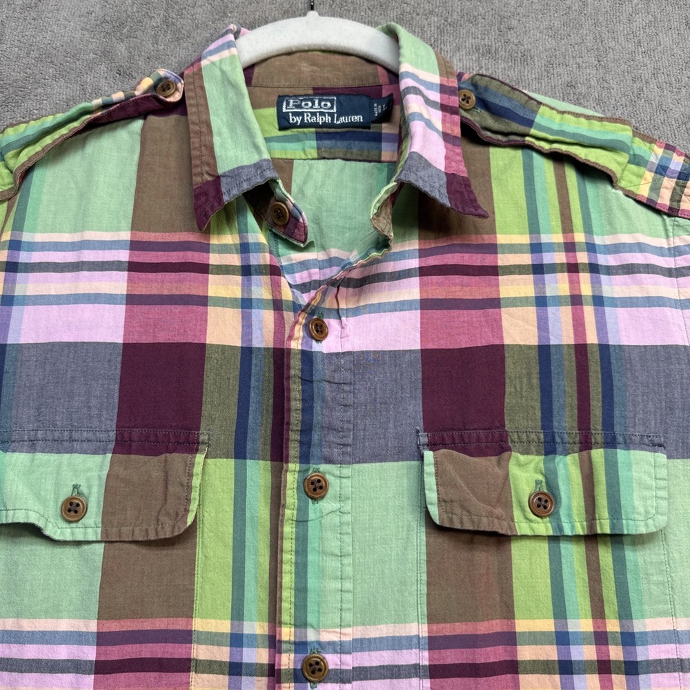 Polo Ralph Lauren Men's Plaid Short‎ Sleeve Shirt Large Epaulet Ivy Preppy Style